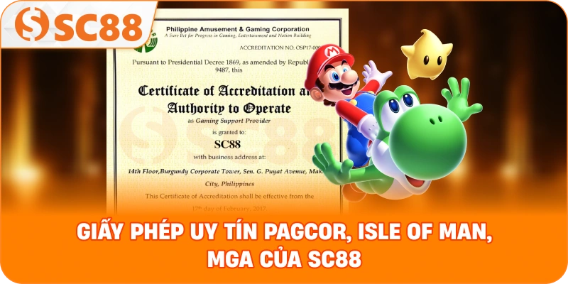 Tổng hợp các logo giấy phép uy tín PAGCOR, Isle of Man, MGA của SC88